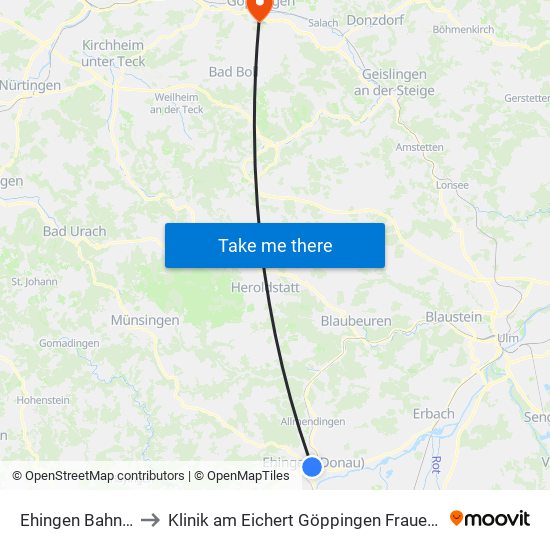 Ehingen Bahnhof to Klinik am Eichert Göppingen Frauenklinik map