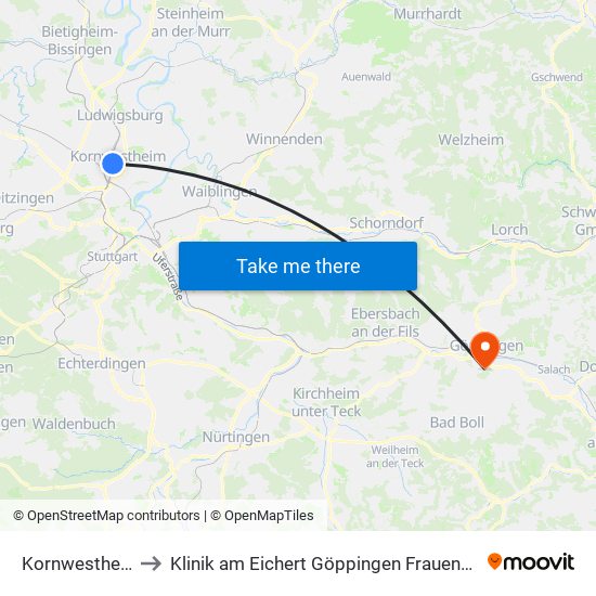 Kornwestheim to Klinik am Eichert Göppingen Frauenklinik map