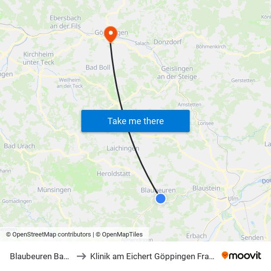 Blaubeuren Bahnhof to Klinik am Eichert Göppingen Frauenklinik map