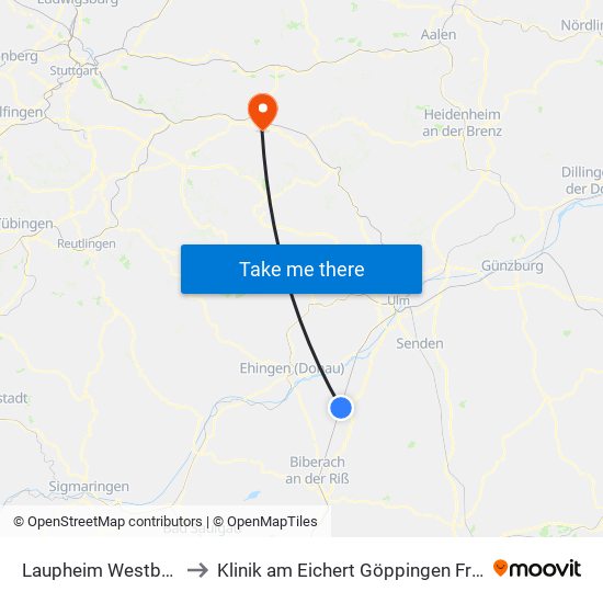 Laupheim Westbahnhof to Klinik am Eichert Göppingen Frauenklinik map