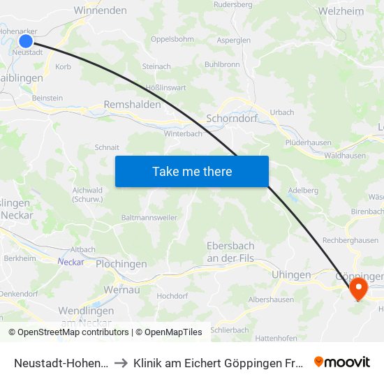 Neustadt-Hohenacker to Klinik am Eichert Göppingen Frauenklinik map