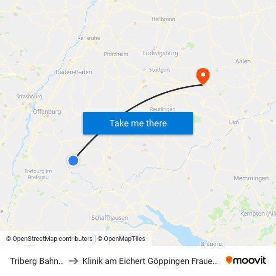 Triberg Bahnhof to Klinik am Eichert Göppingen Frauenklinik map