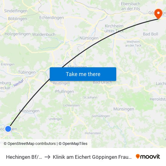 Hechingen Bf/Zob to Klinik am Eichert Göppingen Frauenklinik map