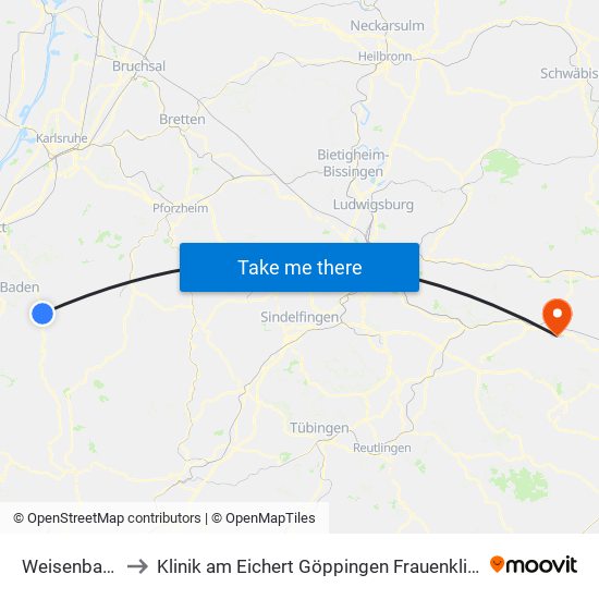 Weisenbach to Klinik am Eichert Göppingen Frauenklinik map