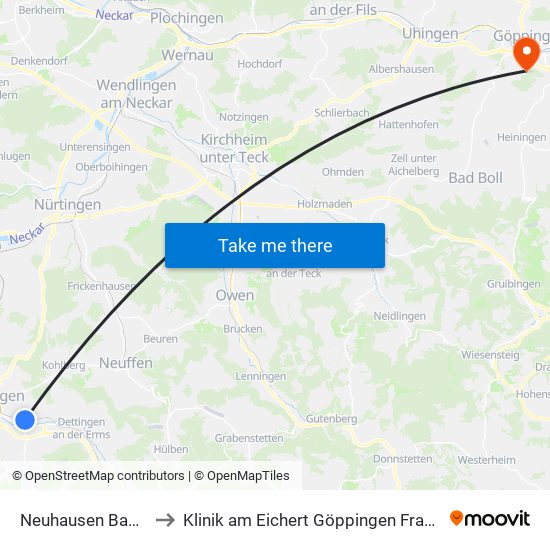 Neuhausen Bahnhof to Klinik am Eichert Göppingen Frauenklinik map