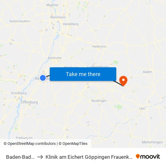 Baden-Baden to Klinik am Eichert Göppingen Frauenklinik map
