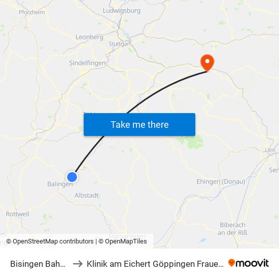 Bisingen Bahnhof to Klinik am Eichert Göppingen Frauenklinik map