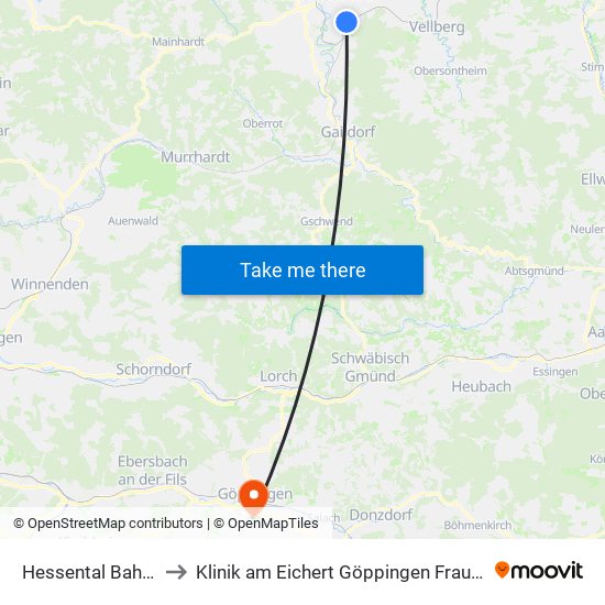 Hessental Bahnhof to Klinik am Eichert Göppingen Frauenklinik map