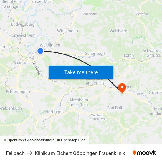 Fellbach to Klinik am Eichert Göppingen Frauenklinik map