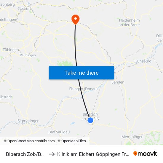 Biberach Zob/Bahnhof to Klinik am Eichert Göppingen Frauenklinik map