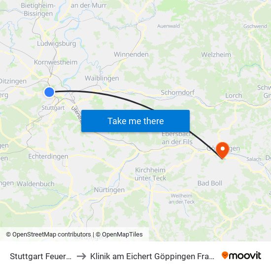 Stuttgart Feuerbach to Klinik am Eichert Göppingen Frauenklinik map
