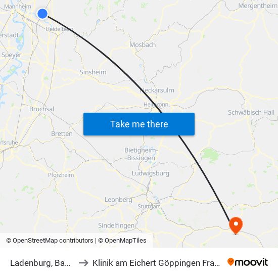 Ladenburg, Bahnhof to Klinik am Eichert Göppingen Frauenklinik map