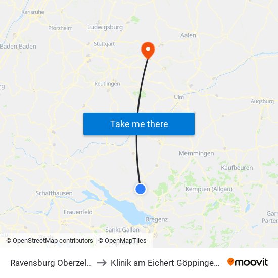 Ravensburg Oberzell, Bahnhof to Klinik am Eichert Göppingen Frauenklinik map