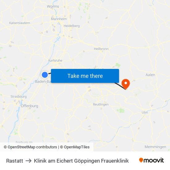 Rastatt to Klinik am Eichert Göppingen Frauenklinik map