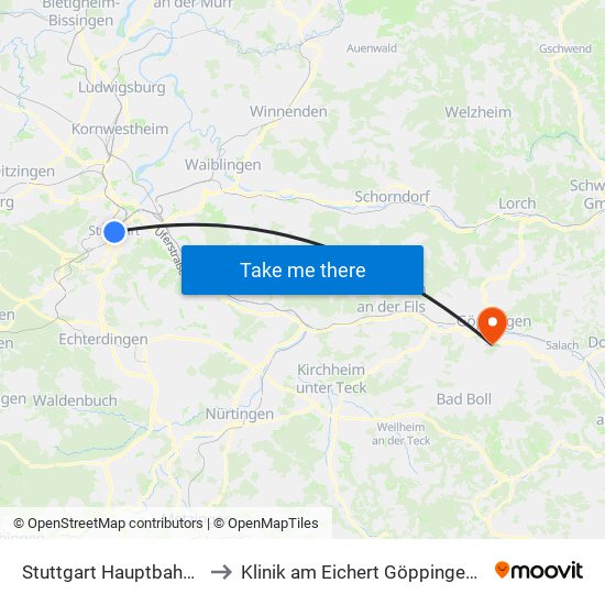 Stuttgart Hauptbahnhof (Tief) to Klinik am Eichert Göppingen Frauenklinik map