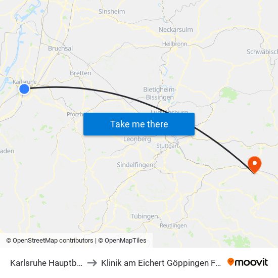 Karlsruhe Hauptbahnhof to Klinik am Eichert Göppingen Frauenklinik map