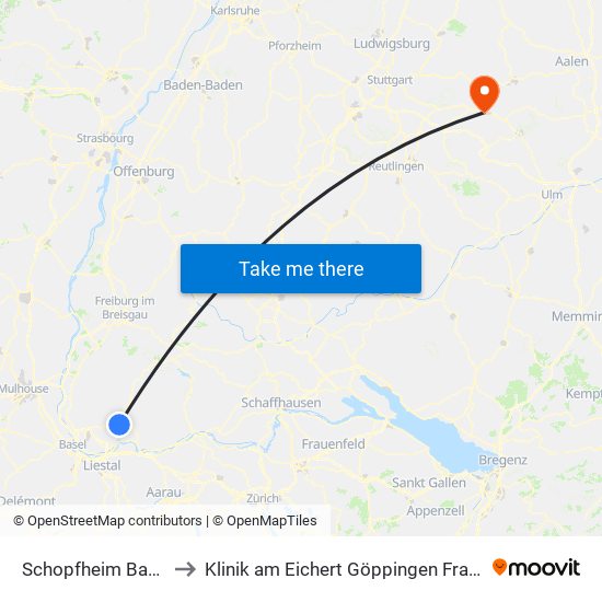 Schopfheim Bahnhof to Klinik am Eichert Göppingen Frauenklinik map