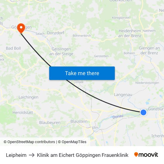 Leipheim to Klinik am Eichert Göppingen Frauenklinik map