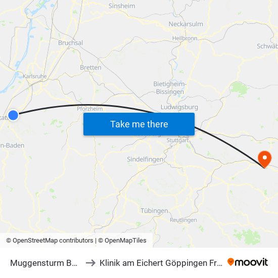 Muggensturm Badesee to Klinik am Eichert Göppingen Frauenklinik map