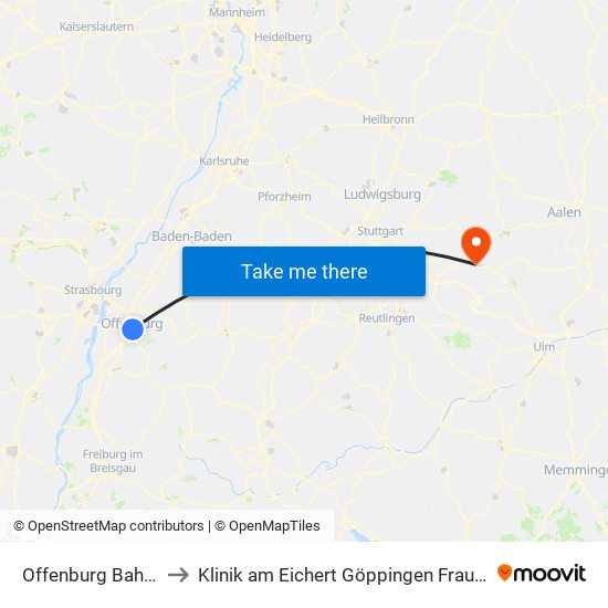 Offenburg Bahnhof to Klinik am Eichert Göppingen Frauenklinik map