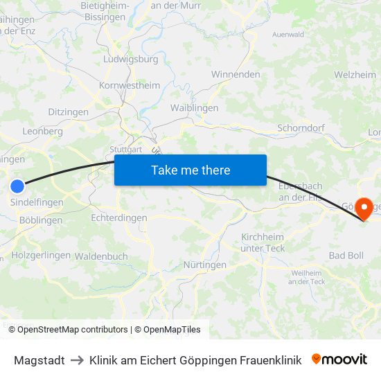 Magstadt to Klinik am Eichert Göppingen Frauenklinik map