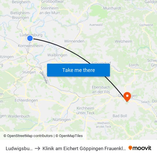 Ludwigsburg to Klinik am Eichert Göppingen Frauenklinik map