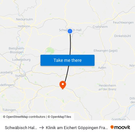 Schwäbisch Hall Zob to Klinik am Eichert Göppingen Frauenklinik map