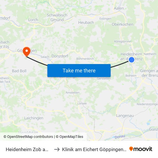 Heidenheim Zob am Bahnhof to Klinik am Eichert Göppingen Frauenklinik map