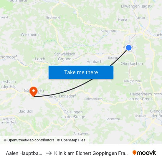 Aalen Hauptbahnhof to Klinik am Eichert Göppingen Frauenklinik map