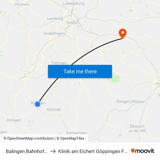 Balingen Bahnhof/Busbf to Klinik am Eichert Göppingen Frauenklinik map