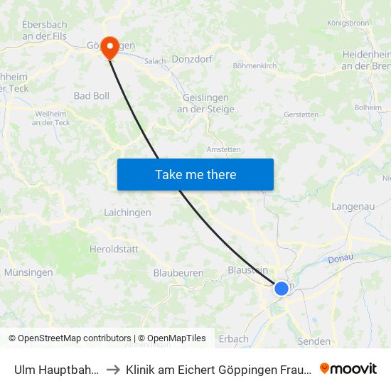 Ulm Hauptbahnhof to Klinik am Eichert Göppingen Frauenklinik map