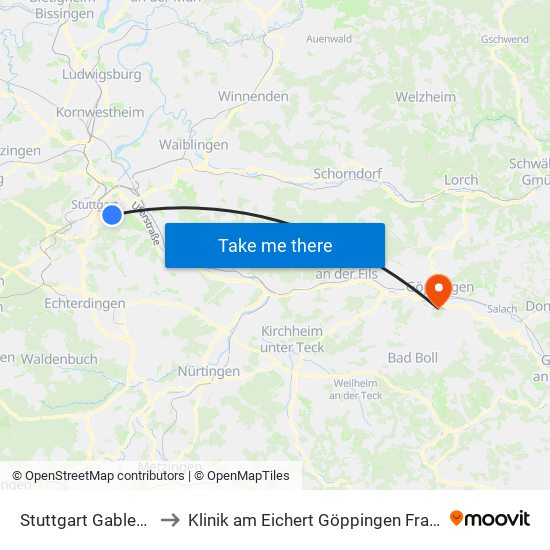 Stuttgart Gablenberg to Klinik am Eichert Göppingen Frauenklinik map