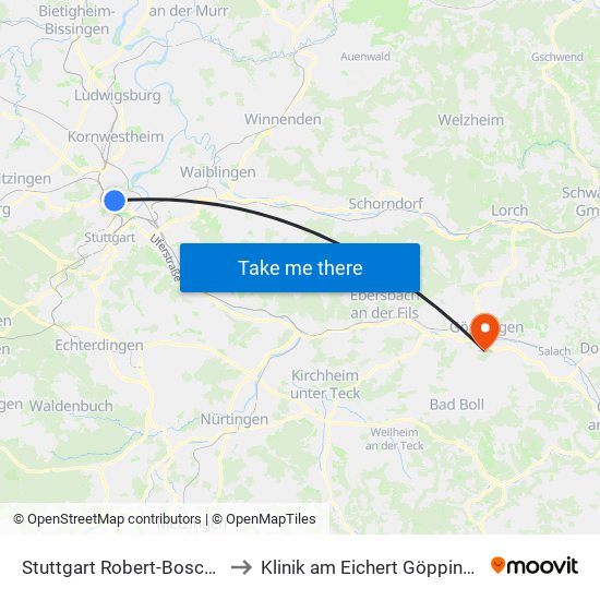 Stuttgart Robert-Bosch-Krankenhaus to Klinik am Eichert Göppingen Frauenklinik map