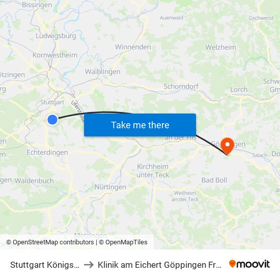 Stuttgart Königsträßle to Klinik am Eichert Göppingen Frauenklinik map