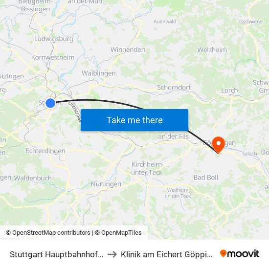 Stuttgart Hauptbahnhof (Tief) Gleis 102 to Klinik am Eichert Göppingen Frauenklinik map