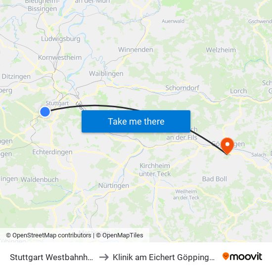 Stuttgart Westbahnhof (Schleife) to Klinik am Eichert Göppingen Frauenklinik map