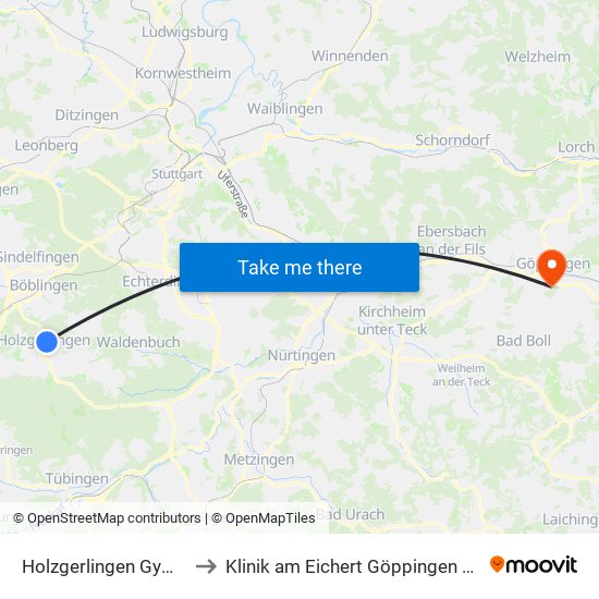 Holzgerlingen Gymnasium to Klinik am Eichert Göppingen Frauenklinik map