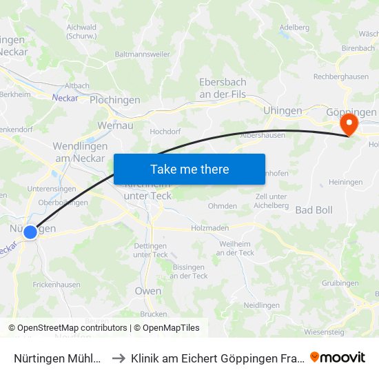 Nürtingen Mühlstraße to Klinik am Eichert Göppingen Frauenklinik map