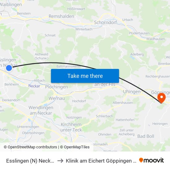 Esslingen (N) Neckar Forum to Klinik am Eichert Göppingen Frauenklinik map