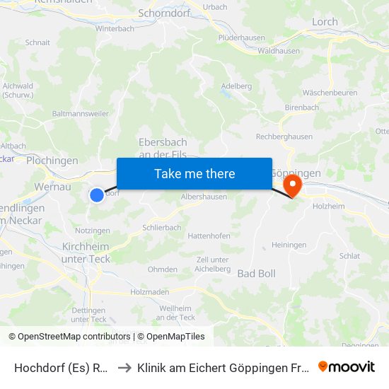 Hochdorf (Es) Rathaus to Klinik am Eichert Göppingen Frauenklinik map