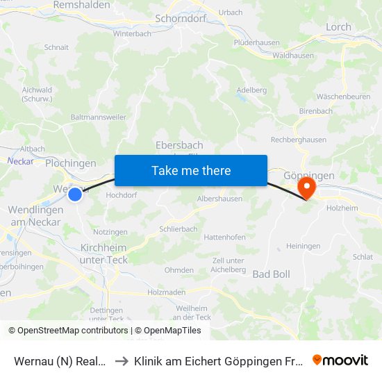 Wernau (N) Realschule to Klinik am Eichert Göppingen Frauenklinik map