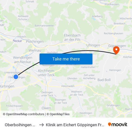 Oberboihingen Gleis 1 to Klinik am Eichert Göppingen Frauenklinik map
