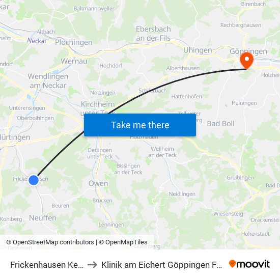 Frickenhausen Kelterstr. to Klinik am Eichert Göppingen Frauenklinik map