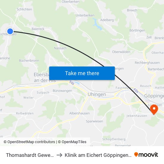 Thomashardt Gewerbegebiet to Klinik am Eichert Göppingen Frauenklinik map