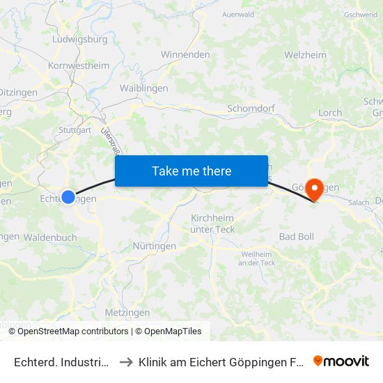 Echterd. Industriegebiet to Klinik am Eichert Göppingen Frauenklinik map
