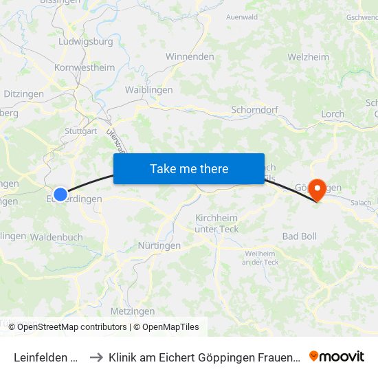 Leinfelden Bad to Klinik am Eichert Göppingen Frauenklinik map