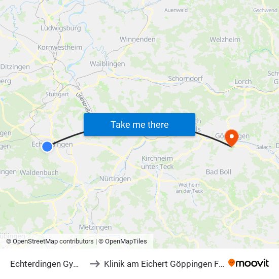 Echterdingen Gymnasium to Klinik am Eichert Göppingen Frauenklinik map