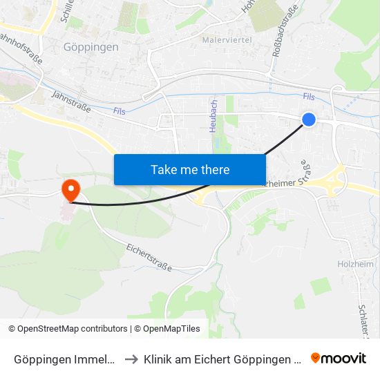 Göppingen Immelmannstr. to Klinik am Eichert Göppingen Frauenklinik map