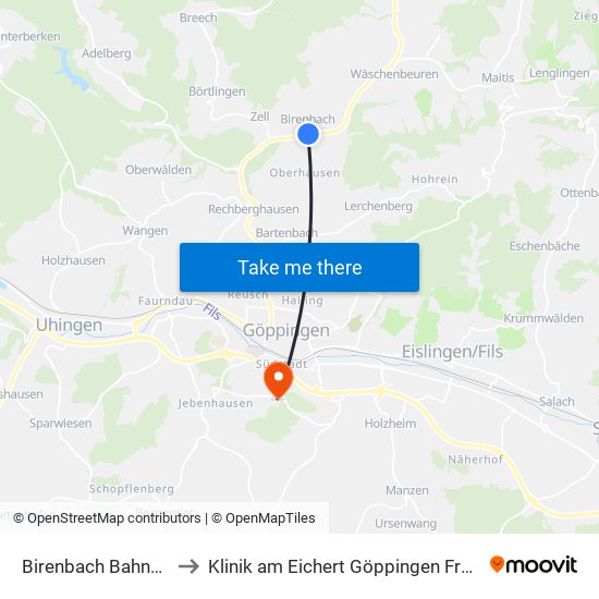Birenbach Bahnhofstr. to Klinik am Eichert Göppingen Frauenklinik map