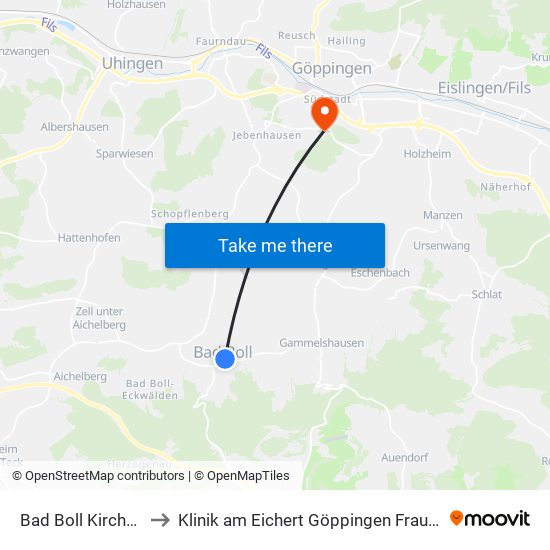 Bad Boll Kirchplatz to Klinik am Eichert Göppingen Frauenklinik map